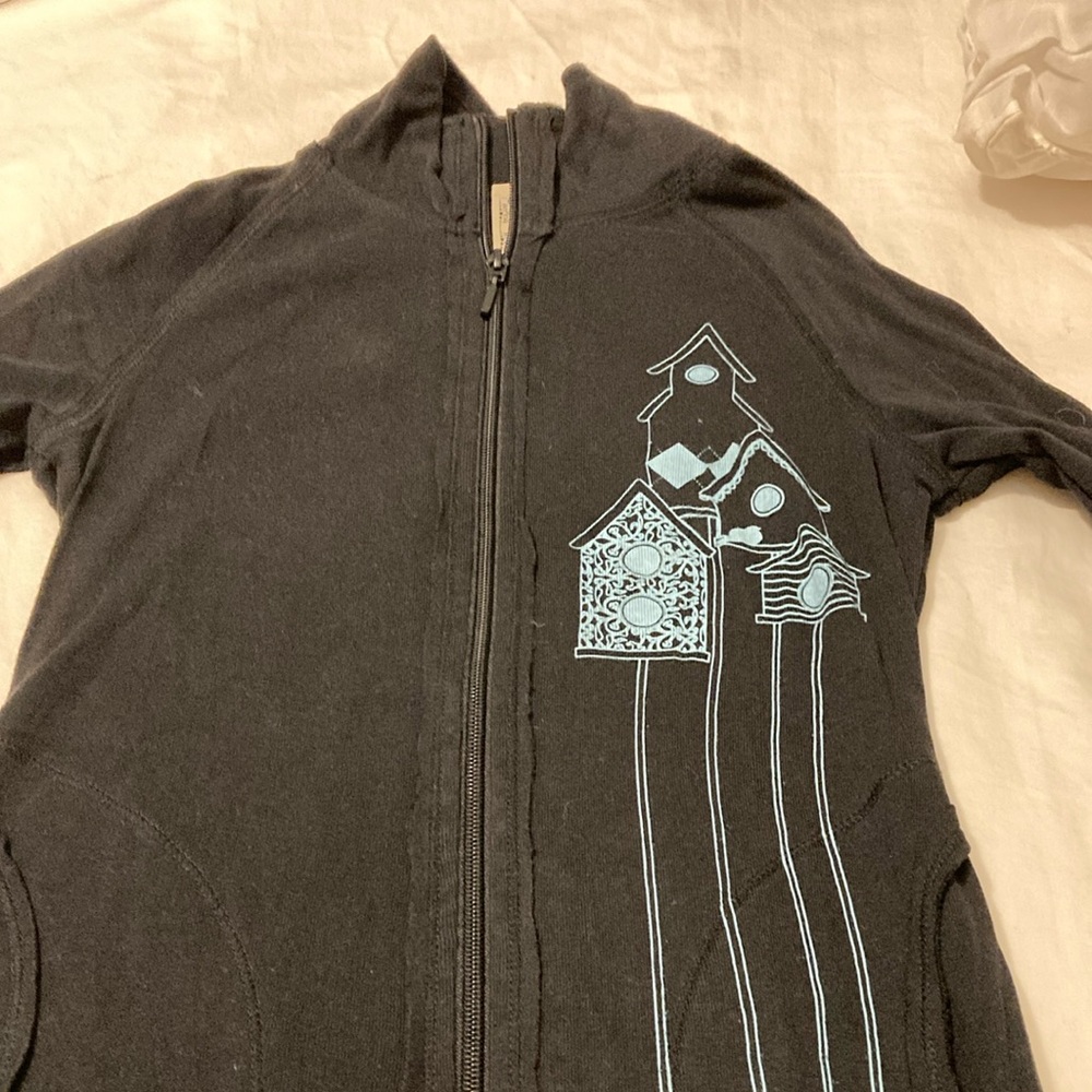 Black double zip hand painted cotton knit sweatshirt with Blue Birdhouse Design